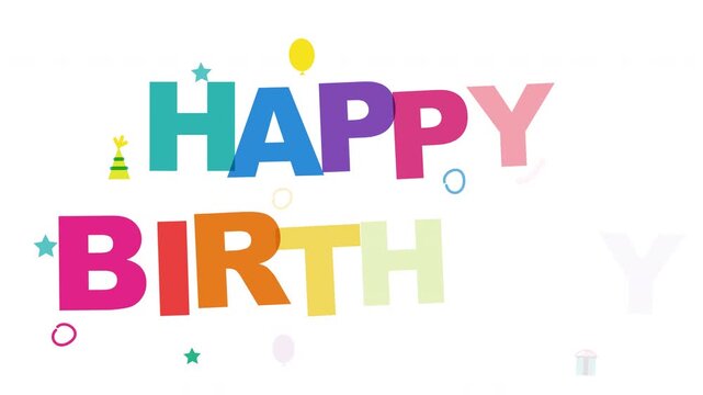 Animated colorful Happy Birthday text and party elements that smoothly fade in and out in a seamless loop with multiply blending.