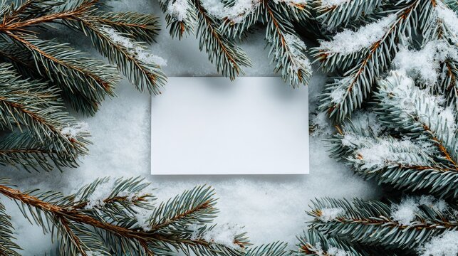Evergreen branches heavily frosted with fresh snow framing a blank card, ideal for holiday greetings and winter themed promotions