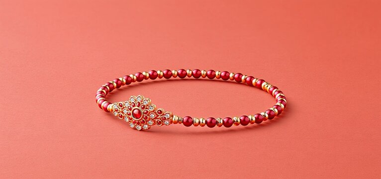 A vibrant rakhi with golden and crimson tones arranged on a textured surface, symbolizing Raksha Bandhan's warmth.