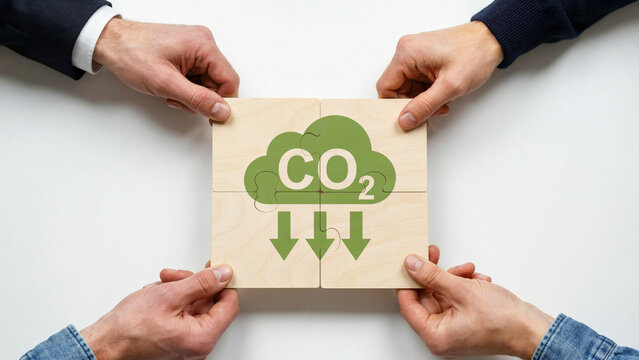 Hands assembling a puzzle with a CO2 cloud symbol and down arrows representing carbon reduction strategies