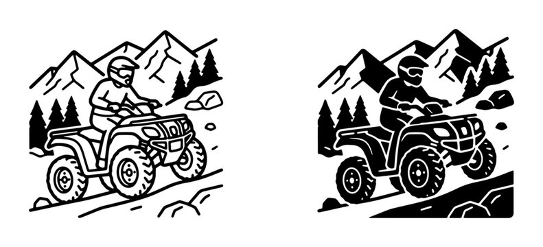 ATV rider silhouette with mountains and pine trees, off-road adventure for logo