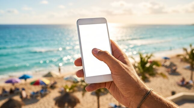 A person holds a smartphone with a blank screen at a sunny beach. Concept Communication, technology, leisure, vacation, and travel emphasizing outdoor digital interaction. Generative AI.