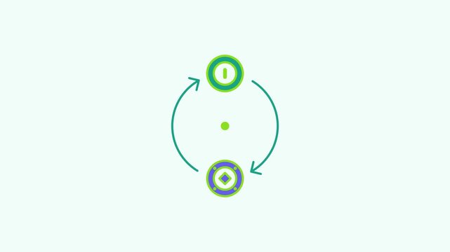 Animated flat currency exchange icon in a minimal vector style, swapping tokens in a smooth 4K seamless loop. The symbol sits isolated in the centre of a bright light background in fresh green, leavin