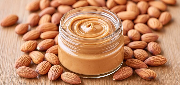 Smooth almond butter in a jar with whole almonds on a wooden table, highlighting natural textures and warmth.