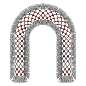Macrame arch lace trim with red beads and fringe vector illustration