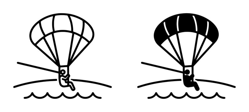 Parasailing line icon and silhouette set with person over water, extreme sports and travel