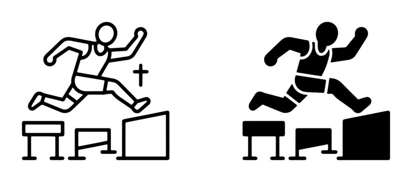 Hurdle race icons set with athlete jumping over obstacles for sports and fitness
