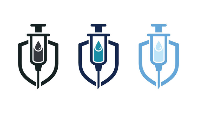 Vaccination shield icon set, medical syringe inside a protective shield symbol, vector illustration