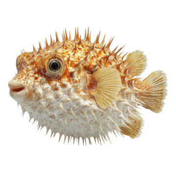 Spiny pufferfish with orange and white markings, inflated porcupinefish with sharp spines, tropical marine wildlife photo isolated PNG with Transparent Background