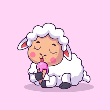 Cute Sheep Eating Ice Cream Cone Cartoon 
