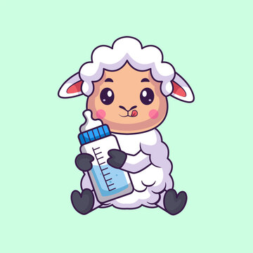 Cute Baby Sheep Drinking Milk Cartoon 