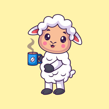 Cute Sheep Drinking Hot Coffee Cartoon