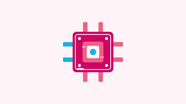 Animated flat processor chip icon in a minimal vector style, pulsing core in a smooth 4K seamless loop. The symbol sits isolated in the centre of a bright light background in purple and violet, leavin