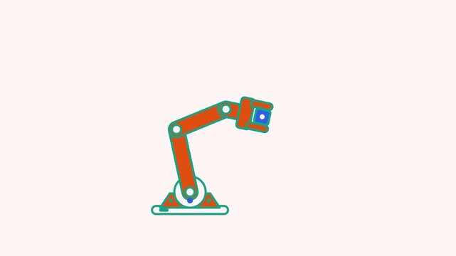 Animated flat robot arm icon in a minimal vector style, gripping part in a smooth 4K seamless loop. The symbol sits isolated in the centre of a bright light background in fresh green, leaving room for