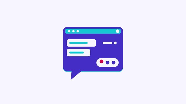 Animated flat chat assistant icon in a minimal vector style, typing reply in a smooth 4K seamless loop. The symbol sits isolated in the centre of a bright light background in blue and azure, leaving r