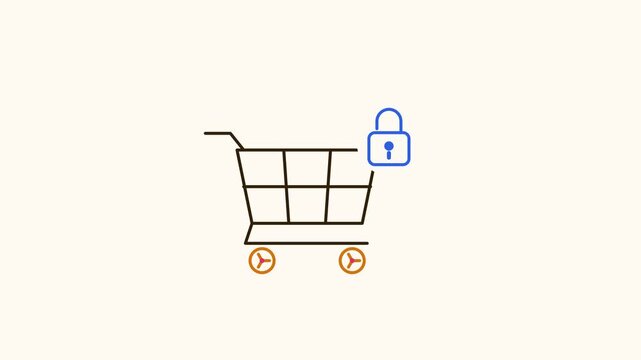 Seamless 4K looping animation of a flat secure checkout icon locking cart, centred on a clean light background with plenty of copy space. Bold outlined vector shapes in orange and amber and smooth rep