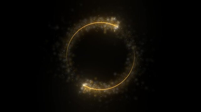 Gold glitter particle ring turns on pure black while two bright sparkler heads chase each other around the circle trailing light and scattering dust outward with an open center for a logo