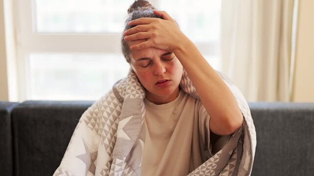 A woman sits on a couch under a blanket while feeling unwell. She has her hand on her forehead and shows signs of discomfort in a well-lit space