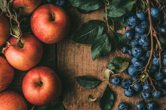 Early autumn flat lay, ripe red apples, dark blueberries, arranged around the outer borders of the frame