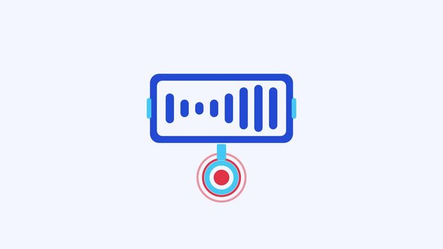 Seamless 4K looping animation of a flat voice waveform icon recording voice, centred on a clean light background with plenty of copy space. Bold outlined vector shapes in blue and azure and smooth rep