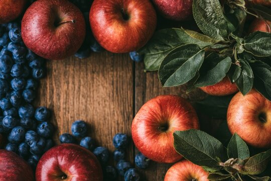 Early autumn flat lay, ripe red apples, dark blueberries, arranged around the outer borders of the frame