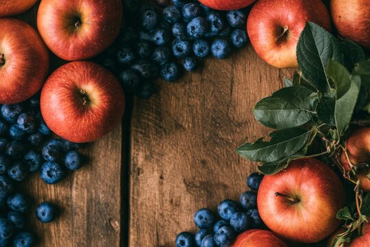 Early autumn flat lay, ripe red apples, dark blueberries, arranged around the outer borders of the frame