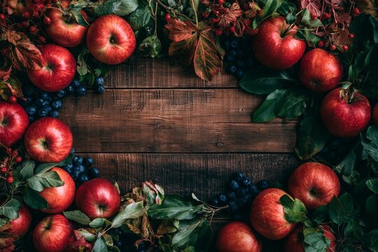 Early autumn flat lay, ripe red apples, dark blueberries, arranged around the outer borders of the frame