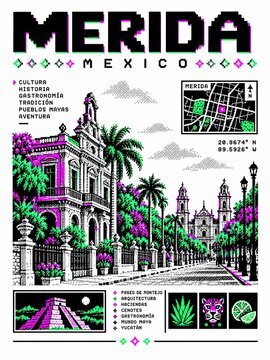 Retro pixel travel poster for M&eacute;rida, Mexico, featuring historic colonial architecture, palm trees, a city map, and cultural landmarks.