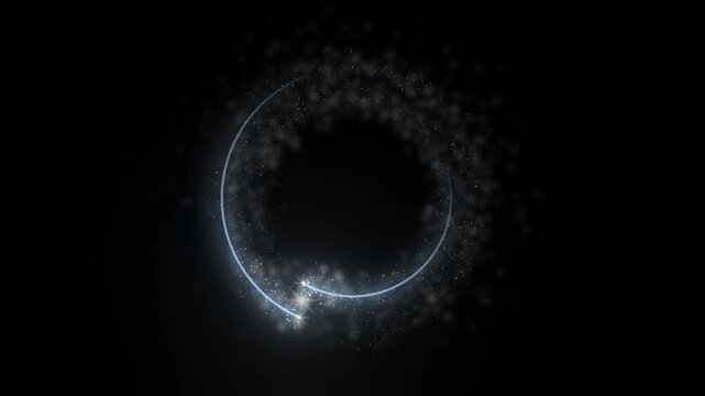 Platinum glitter rings turn in opposite directions on pure black with a sparkler head riding each circle and a soft flare where the two pass leaving the center open for a corporate logo