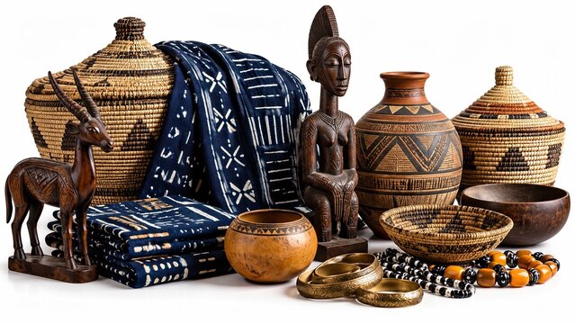 Mali-inspired African crafts arranged on a white background, including a carved wooden figure, woven baskets, pottery, jewelry, and indigo mud cloth.