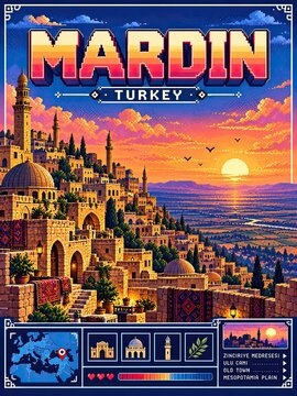Pixel art travel poster of Mardin, Turkey, showing historic stone architecture above a glowing sunset landscape.