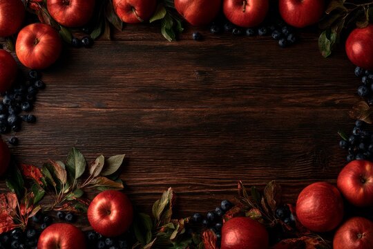 Early autumn flat lay, ripe red apples, dark blueberries, arranged around the outer borders of the frame