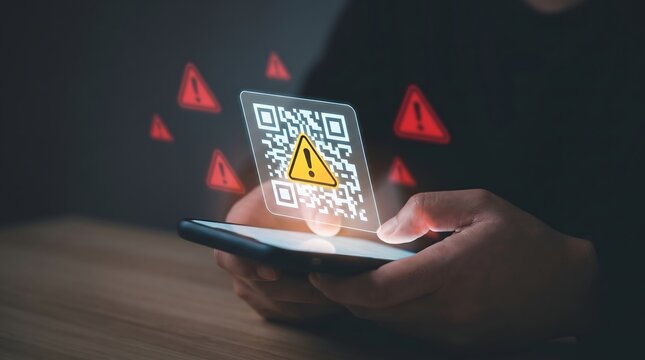 Hands using mobile phone to scan insecure qr code with danger alert icons.