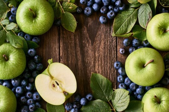 Early autumn flat lay, ripe green apples, dark blueberries, arranged around the outer borders of the frame, dark wooden backdrop