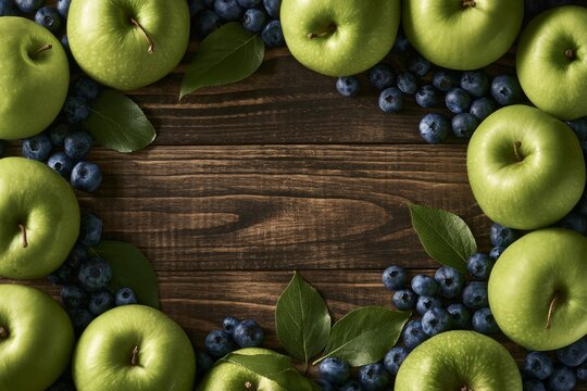 Early autumn flat lay, ripe green apples, dark blueberries, arranged around the outer borders of the frame, dark wooden backdrop
