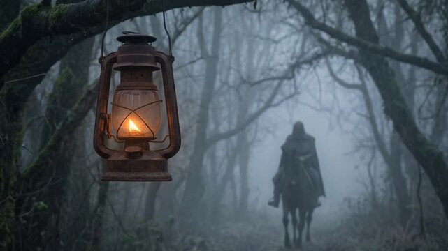 Rusty oil lantern hanging from a tree in a foggy forest with a dark horseman approaching in the mist. Mysterious rider in eerie woods at dusk. Horror, legend and halloween