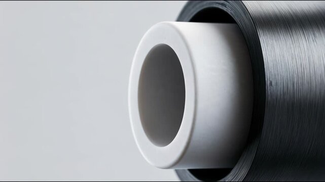 Black carbon fiber spool with white core, photorealistic style on light gray background, suggesting advanced manufacturing