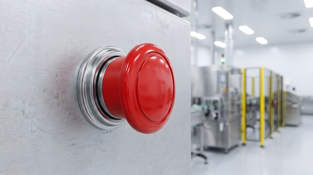 Industrial red emergency stop button on factory machine control panel wall.