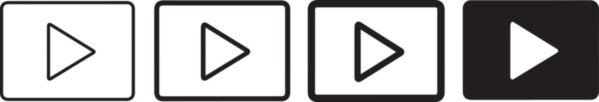 Minimalist play button icon set with four varying stroke weights, flat video player symbols for multimedia UI design, black and white start buttons for web and mobile app interface design.