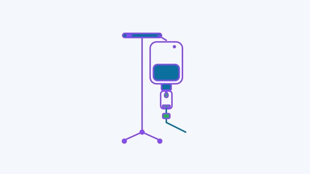 Animated flat iv drip icon in a minimal vector style, dripping fluid in a smooth 4K seamless loop. The symbol sits isolated in the centre of a bright light background in blue and azure, leaving room f