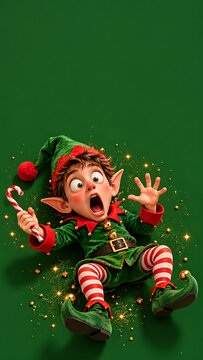 Lutin de No&euml;l surpris avec sucre d'orge et paillettes dor&eacute;es fond vert