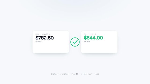 Modern light UI dashboard for a mobile banking application showing an animated instant money transfer of funds between two digital wallets with zero fees and updated balance.
