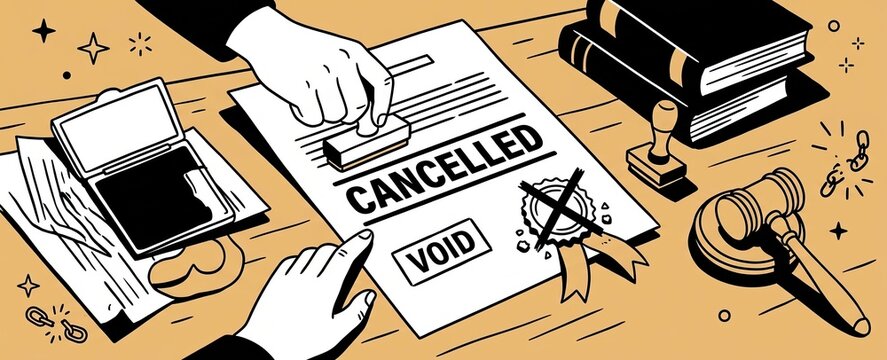 Illustrated legal document marked cancelled and void beside a removed seal, with a hand applying a cancellation stamp on a wooden desk.