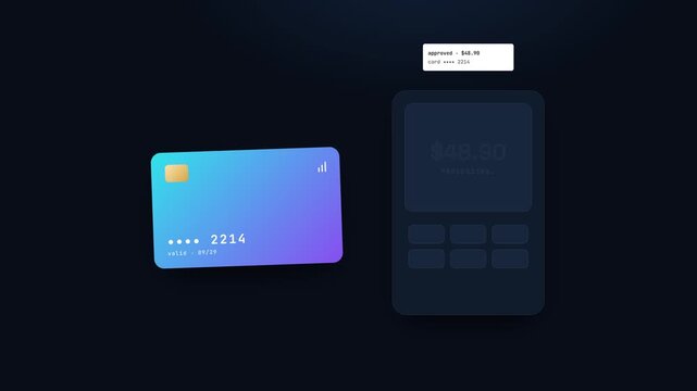 Animated modern dark UI dashboard displaying contactless payment process with credit card tapping on nfc pos terminal processing transaction and showing successful approved status.