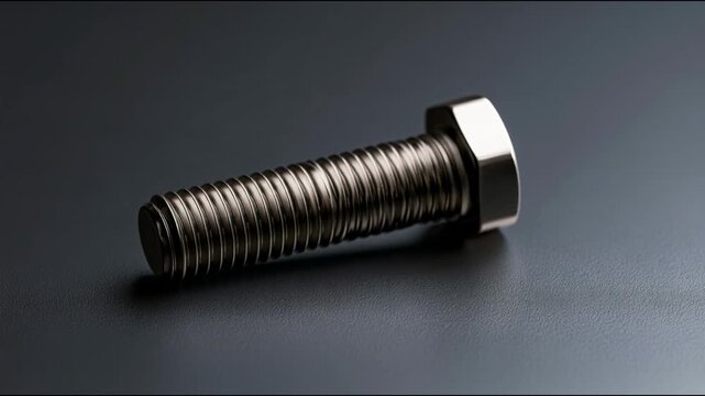 Photorealistic metal bolt with threads on a dark background, symbolizing precision fastening, strength, and durability