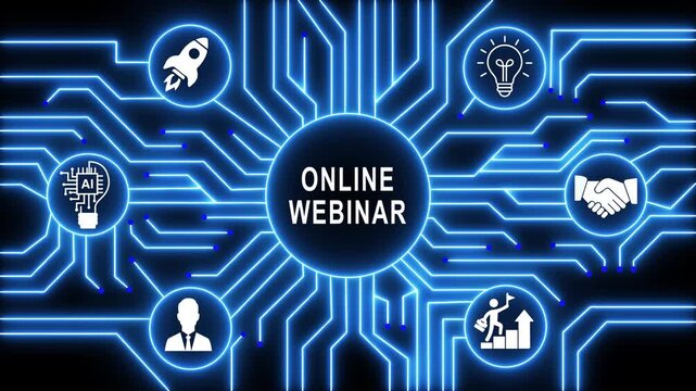Engaging online webinar concept featuring glowing blue circuit board background, digital network business, strategy and virtual, education technology presentation, visual animation