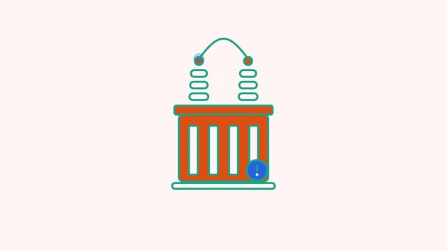 Seamless 4K looping animation of a flat transformer substation icon humming current, centred on a clean light background with plenty of copy space. Bold outlined vector shapes in yellow and gold and s