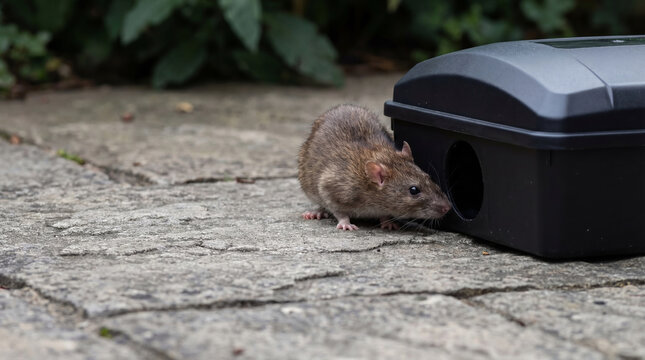 Brown rat exploring a rodent bait station on a stone patio. Pest control strategy for home property protection. Deratization technique to eliminate vermin and prevent infestation.