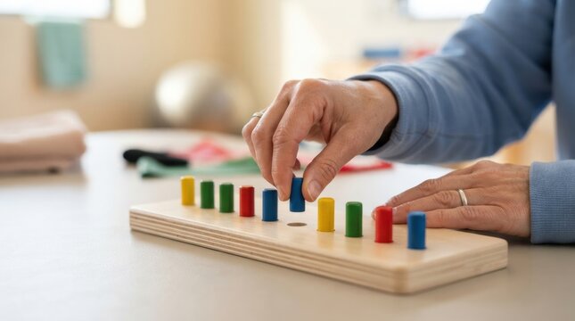 finger coordination exercise closeup Elderly hands playing a colorful wooden peg board game on a table.