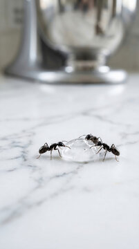 Ants eating poisonous gel on marble kitchen counter. Pest control and insect extermination concept. Treatment of household kitchen area against home ant invasion and infestation.
